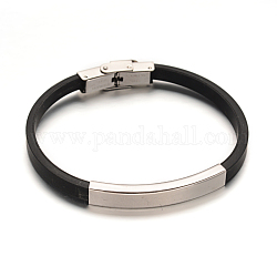 PU-Lederband Armbänder, mit 304 Edelstahl-Rohr Perlen und Uhrenarmband Verschluss, Edelstahl Farbe, 200x5 mm