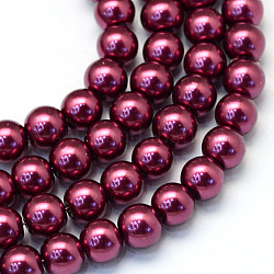 Backen gemalt pearlized Glasperlen runden Perle Stränge, Medium violett rot, 8~9 mm, Bohrung: 1 mm, ca. 105 Stk. / Strang, 31.4 Zoll