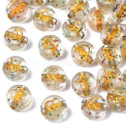 Perles acryliques transparentes transparentes, avec de la poudre de paillettes, plat rond avec des lettres aléatoires, or, 7x3.5mm, Trou: 1.5mm, environ 3600~3700 pcs/500 g
