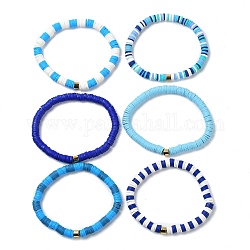 Handmade Polymer Clay Heishi Beads Stretch Bracelets Sets, with Golden Plated Stainless Steel Spacer Beads, Blue, Inner Diameter: 2 inch(5.2cm), 6pcs/set