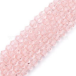 Nachahmung österreichischer Kristall 5301 Doppelkegelperlen, Facettierte Glasperlen Stränge, rosa, 3x3~3.5 mm, Bohrung: 0.5 mm, ca. 125~130 Stk. / Strang, 15.5 Zoll