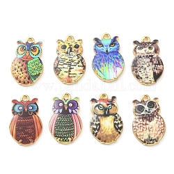 Printed Alloy Pendants, Golden, Owl, Mixed Color, 23x14x2mm, Hole: 1.6mm