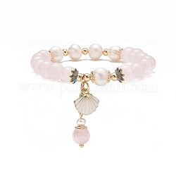 Bracelet extensible en quartz rose naturel et perle, bracelet à breloques en alliage d'émail pour femme, diamètre intérieur: 2 pouce (5 cm)