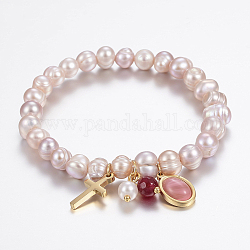 Natürliche Perle Charme Armbänder, mit Acryl-Perlen und 304 Zubehör aus Edelstahl, Kreuz, golden, neblige Rose, 2-1/8 Zoll (55 mm)