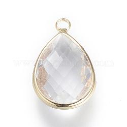Glass Pendants, with Brass Findings, Faceted, Drop, Light Gold, Clear, 18x10.5x4.5mm, Hole: 1.8~2.3mm