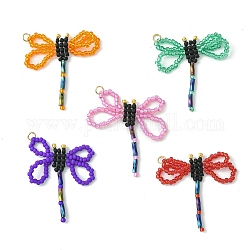 Glass Pendants, with 304 Stainless Steel Finding, Dragonfly Charms, Mixed Color, 39~43x30~33x2mm, Hole: 3mm