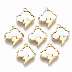 Natural Freshwater Shell Charms, with Brass Findings, Cloud with Lightning Bolt, Nickel Free, Real 18K Gold Plated, 13.5x11x2mm, Hole: 1mm