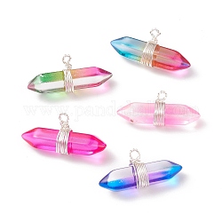 Glass Pendants, Wire Wrapped Pendants, with Brass Findings, Bullet, Silver, Mixed Color, 16x33x10mm, Hole: 2mm