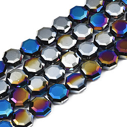Abalorios de vidrio electroplate hebras, color de ab chapado, facetados, octágono, azul medio, 7~8x7~8x4mm, agujero: 1.2 mm, aproximamente 72 pcs / cadena, 20.47 pulgada (52 cm)