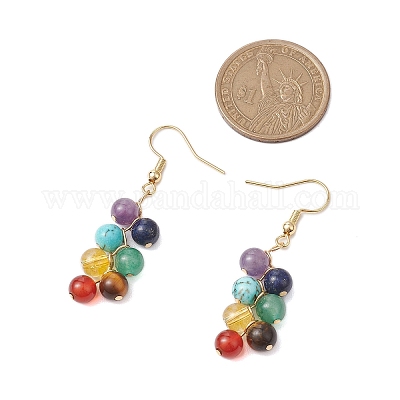 Серьги с подвесками и круглыми камнями 7 чакра EJEW-TA00514-1