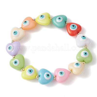 Эластичные браслеты из смолы в форме сердца со сглазом и бисером BJEW-JB09459-1