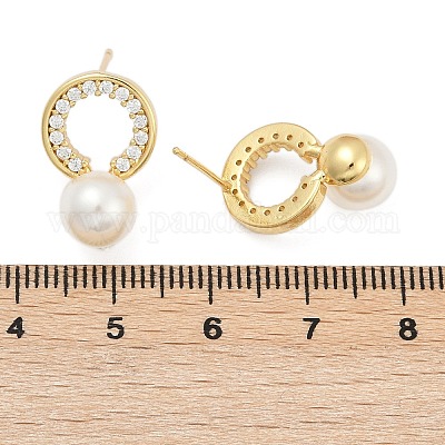 Плоские круглые серьги-гвоздики из латуни с микропаве и прозрачным фианитом EJEW-H154-02G-1