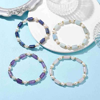 Эластичный браслет Column из натуральных смешанных драгоценных камней и жемчуга BJEW-JB10068-1