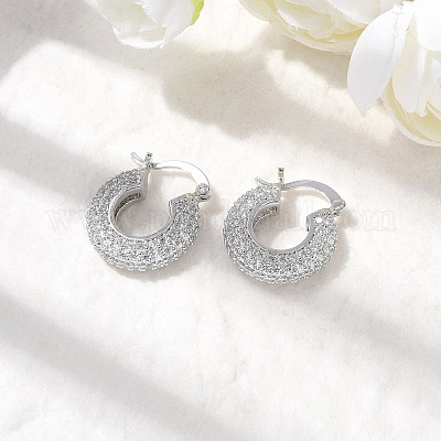 Латунные плоские круглые серьги-кольца с микропаве из прозрачных кубических цирконий EJEW-K318-04B-P-1