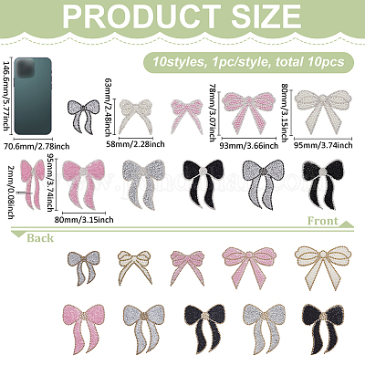 10 шт. 10 стиля бант из стекла и стразов с пластиковыми тканевыми нашивками PATC-FG0003-02-1