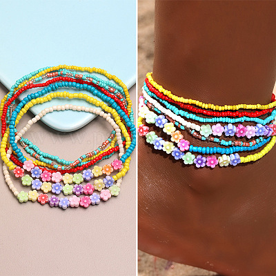 Комплекты многослойных браслетов на лодыжку из смолы и стеклянных бусин в стиле бохо WG187EB-03-1