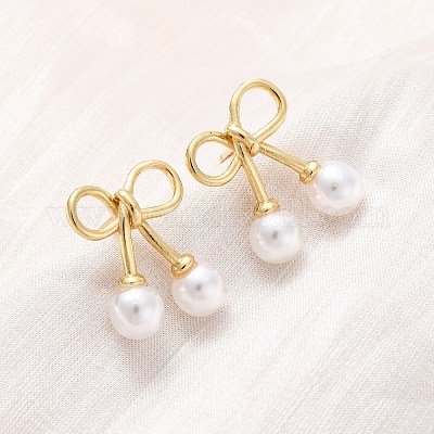 Серьги-гвоздики из вишневой латуни и АБС-пластика с жемчугом EJEW-U062-03G-01-1