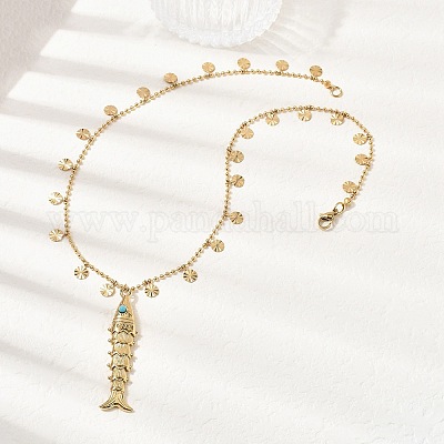 Женские ожерелья с подвеской в виде рыб из нержавеющей стали 304 с синтетической бирюзой NJEW-F362-02G-1