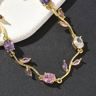 Браслеты-цепочки из латуни с микропаве из кубических цирконий овальной и листовой формы для женщин BJEW-G764-05G-01-1