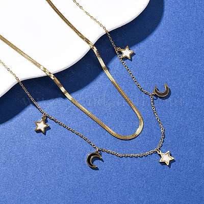 Двухслойные ожерелья с кисточками в виде луны и звезд из нержавеющей стали 304 NJEW-F346-02G-1