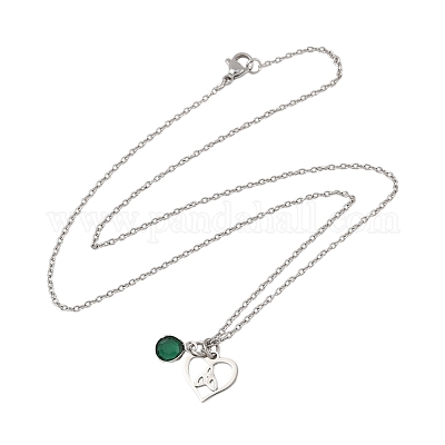 День святого Валентина 304 нержавеющая сталь и зеленое стекло кулон в форме сердца ожерелья с цепочкой для женщин NJEW-FS00014-04-1