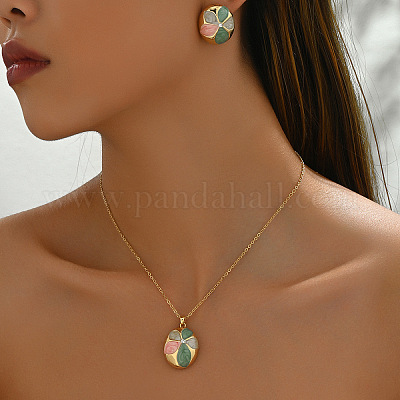 Овальные с цветочным узором латунные эмалевые подвески и комплекты серег-гвоздиков FS-WGB45B2-01-1