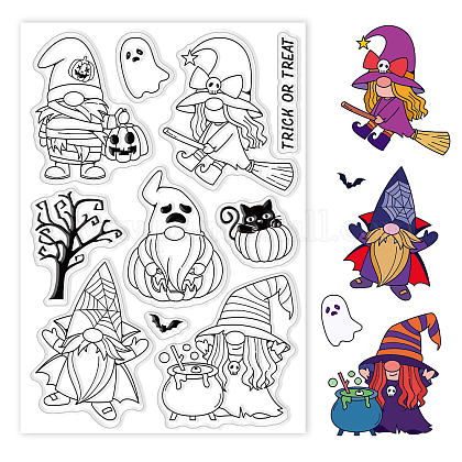 GLOBLELAND Halloween Gnome Witch Clear Stamps Pumpkin Ghost Cat Silicone Clear Stamp Seals for Cards Making DIY Scrapbooking Photo Journal Album Decoration DIY-WH0167-56-920-1