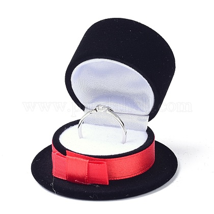 ベルベットのリングボックス  プラスチックとリボン付き  帽子  ブラック  6.1x3.7cm VBOX-F004-08B-1
