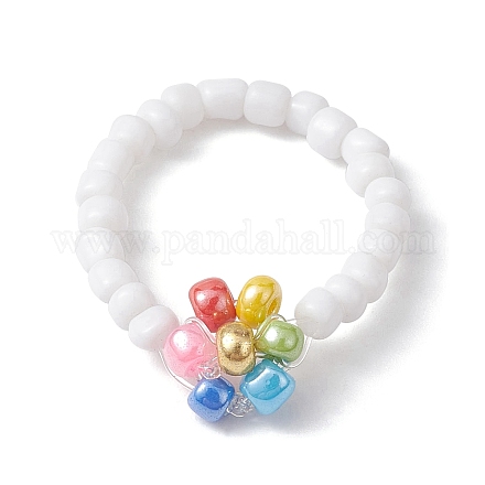 Bagues extensibles en perles de graines de verre de fleur RJEW-JR00618-01-1