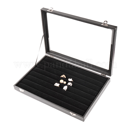模造革と木製のリングの表示ボックス  ガラスと  長方形  ブラック  24x35x4.5cm ODIS-R003-07-1