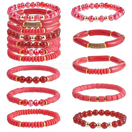 Set di braccialetti elastici da surfista heishi in agata rossa naturale e vetro e argilla polimerica da 8 pezzo BJEW-SW00083-1