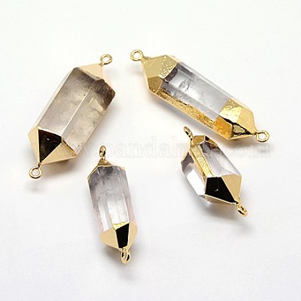 天然水晶の弾丸リンク  真鍮パーツ  双円錐形  透明  ゴールデンの金属色  32~55x10~21x10~15mm  穴：2mm G-J128-26-1