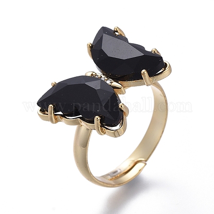 調節可能な真鍮製のガラスフィンガー指輪  クリアキュービックジルコニア  蝶  ゴールドカラー  ブラック  サイズ7  内径：17mm RJEW-P148-A01-11-1