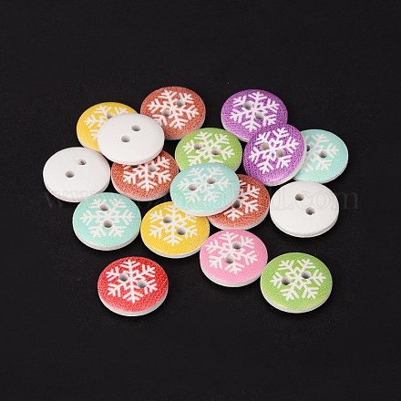 2-Hole Flat Round with Snowflake Printed Wooden Sewing Buttons BUTT-M012-02-1
