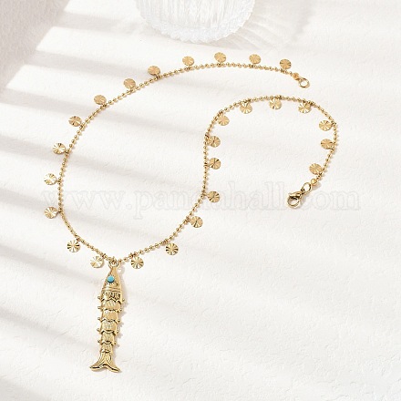 Женские ожерелья с подвеской в виде рыб из нержавеющей стали 304 с синтетической бирюзой NJEW-F362-02G-1