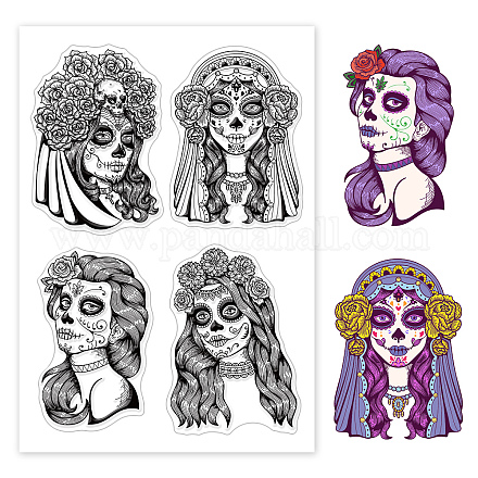 PH PandaHall Spooky Woman Clear Stamp Seal Halloween Flowered Skull Silicone Seals Film Frame Transparent Stamp Scrapbooking Crafting Decorations for Holiday Card DIY Crafts DIY-WH0167-56-925-1