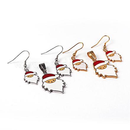 Father Christmas 304 Stainless Steel Enamel Pendants and Dangle Earrings Jewelry Sets SJEW-F130-28-1