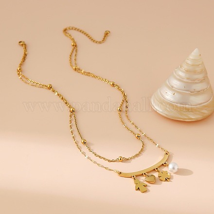 Двухслойные ожерелья из нержавеющей стали 304 и искусственного жемчуга в форме клевера в форме сердца для женщин NJEW-V004-02G-1