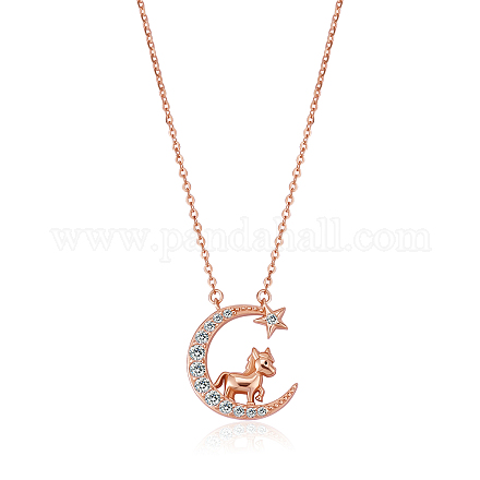 Chinese Zodiac Necklace Horse Necklace 925 Sterling Silver Rose Gold Horse on the Moon Pendant Charm Necklace Zircon Moon and Star Necklace Cute Animal Jewelry Gifts for Women JN1090G-1