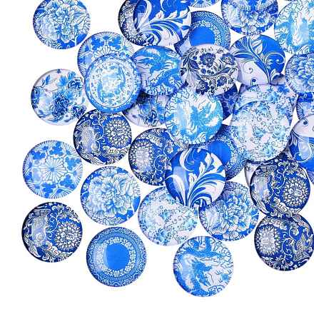 50 шт. Синие и белые печатные стеклянные кабошоны sgGGLA-SZ0001-23-1