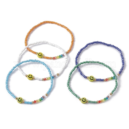 Visage souriant acrylique et bracelet extensible perlé de graines BJEW-JB09490-1