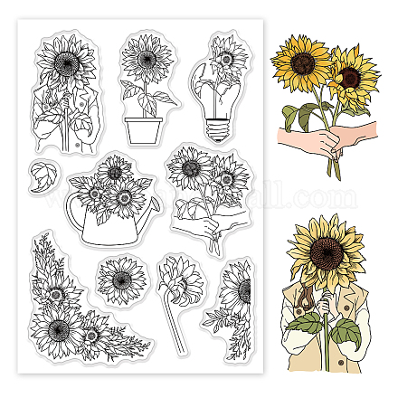 GLOBLELANDSunflower Potted Background Clear Stamps Spring Theme Transparent Stamps Flowers and Leaves Silicone Clear Stamp Seals for DIY Scrapbooking Art Journals Decorative Cards Making DIY-WH0167-57-0484-1