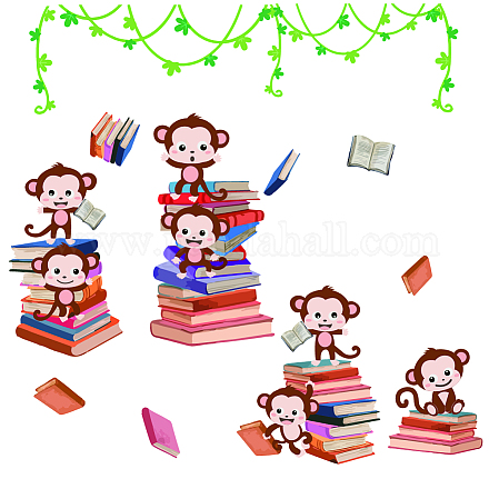 Superdant animales leyendo etiqueta de la pared mono leyendo libros etiqueta de la pared con vid verde arte de la pared decoración vinilos de pared para sala de lectura sala de lectura infantil biblioteca infantil DIY-WH0228-760-1