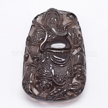 天然氷結晶のオブシディアン彫りペンダント  クワンクン  ブラック  57x36x10mm  穴：1mm G-A169-008-1