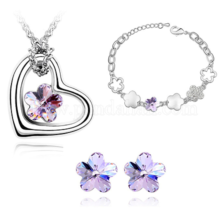 Real 18K Platinum Plated Alloy Sakura Austrian Crystal Jewelry Sets SJEW-DD0001-016B-1