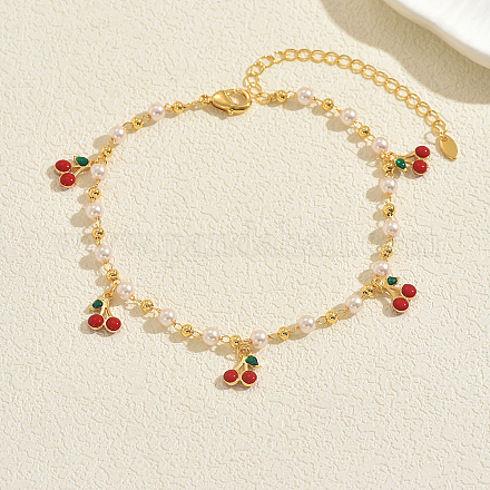 Браслеты на ногу из богемской латуни с кисточками из красной эмали и искусственным жемчугом BD6546-4-1