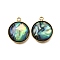 304 Stainless Steel Pave Natural Paua Shell Pendants, Ion Plating(IP), Real 18K Gold Plated, Flat Round, 18x15x4mm, Hole: 1.8mm