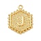 Brass Pendants, Hexagon Letter Charms, Letter J, 20x16x2.5mm, Hole: 1.5mm
