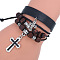 Leather Cord Multi-strand Bracelets for Women Men, with Wooden Beads and Enamel Charms, Cross, Black, 6-3/4 inch(17cm)