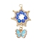 Glass Seed Beaded Flower Pendants, with Real 18K Gold Plated 304 Stainless Steel Jump Rings & Alloy Enamel Butterfly Charms, Blue, 36x24x4mm